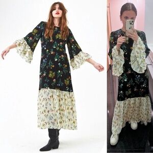 Queens of Archive Minnie Two Tone Tiered Floral Ruffle Sleeve Maxi Dress Size M